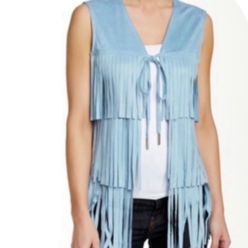 Love Token $168 New Shearling Faux Suede Baby Blue Cloud Vest Bow Silver Tiedown